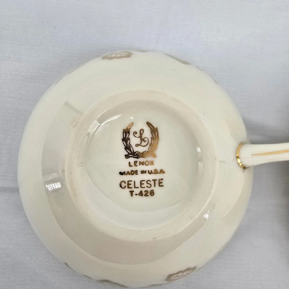 Lenox Celeste‎ T-426 Tea Cup and Saucer Set of 6 Ivory Gold Leaf Bone China USA